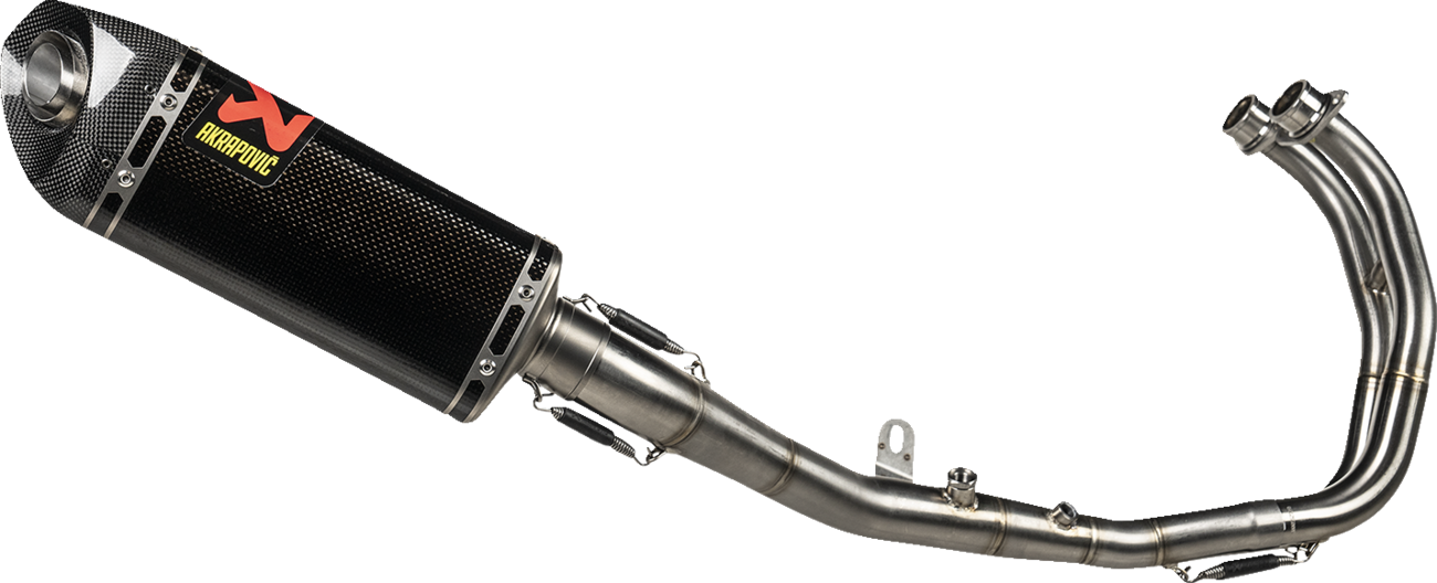 AKRAPOVIC Racing Line exhaust system with carbon fiber finish for Yamaha R3 and MT-03 motorcycle, showing the sleek exhaust pipe.