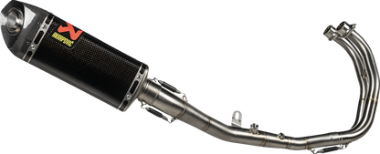 AKRAPOVIC Racing Line exhaust system with carbon fiber finish for Yamaha R3 and MT-03 motorcycle, showing the sleek exhaust pipe.
