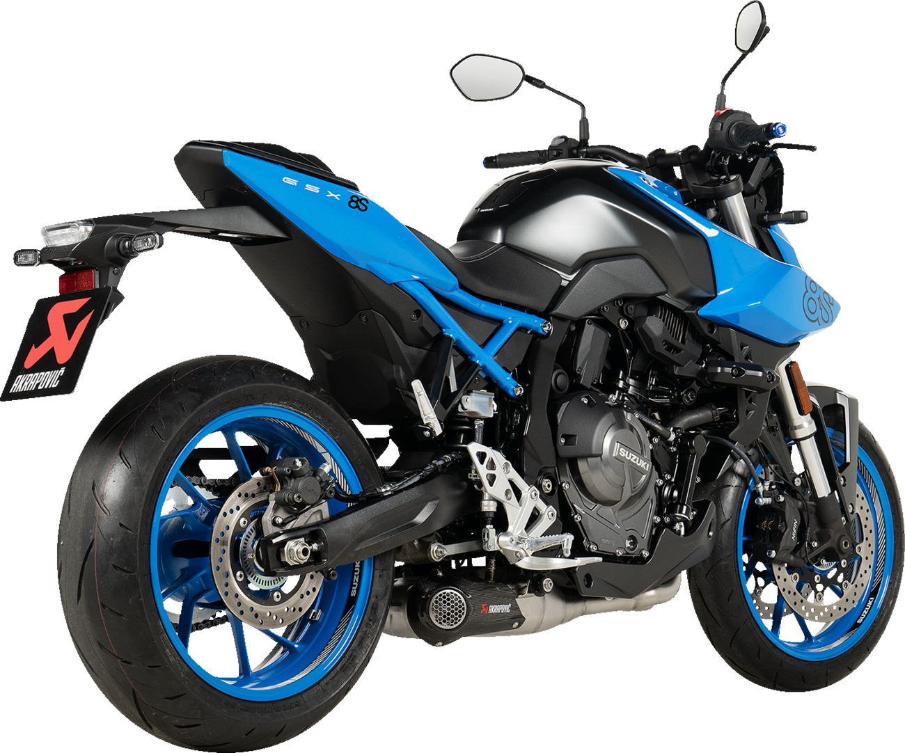 AKRAPOVIC Racing Line stainless steel exhaust system for Suzuki GSX-8S and GSX-8R motorcycle, showing the exhaust pipe and muffler.