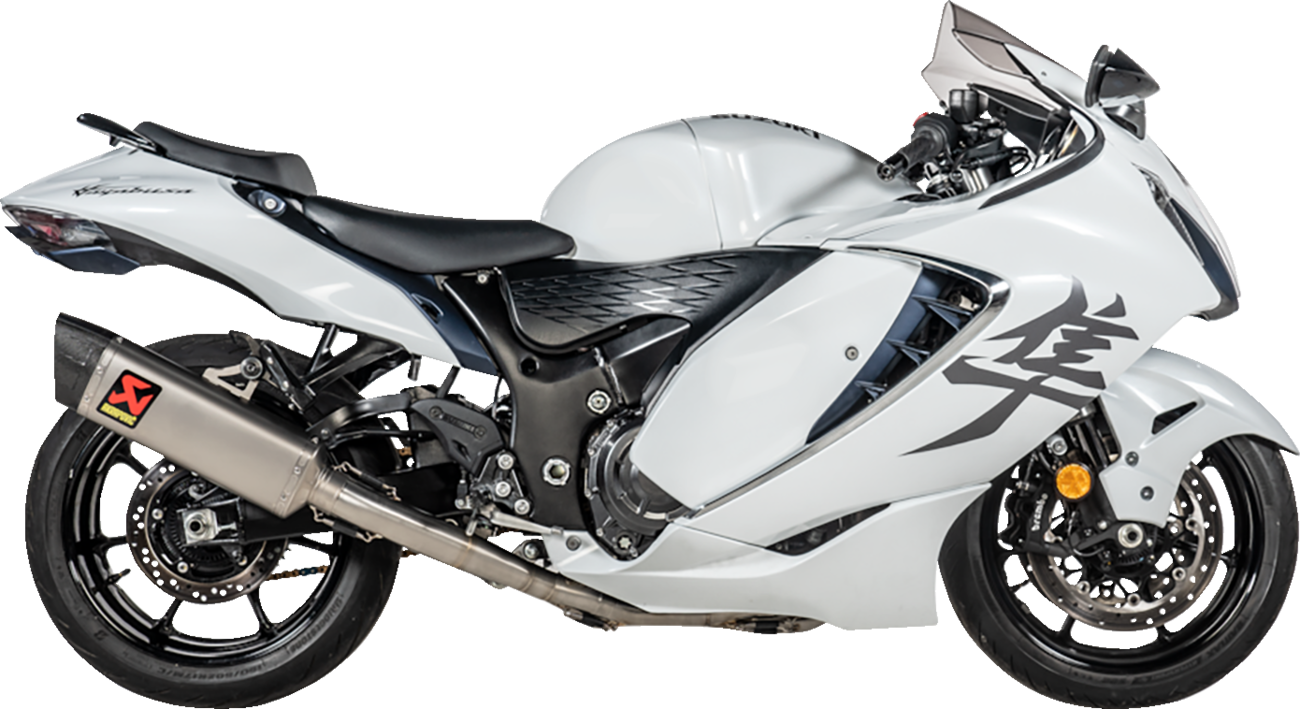 AKRAPOVIC Racing Line titanium exhaust system for Suzuki Hayabusa, showing the sleek, lightweight exhaust pipe with branding details.