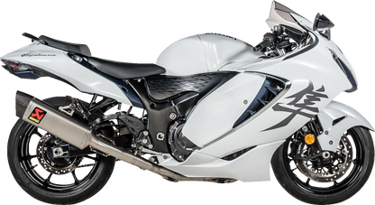 AKRAPOVIC Racing Line titanium exhaust system for Suzuki Hayabusa, showing the sleek, lightweight exhaust pipe with branding details.