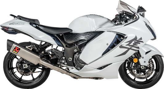 AKRAPOVIC Racing Line titanium exhaust system for Suzuki Hayabusa, showing the sleek, lightweight exhaust pipe with branding details.