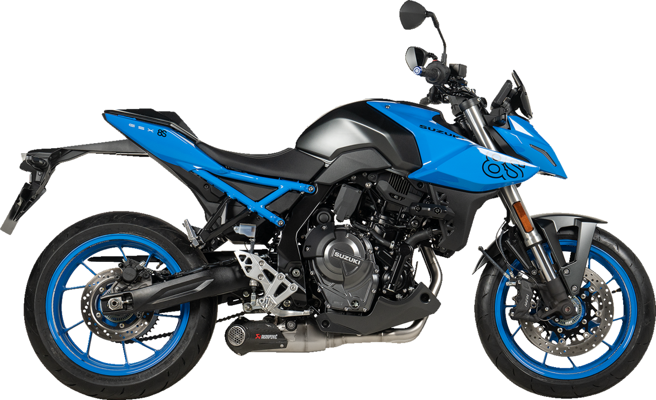 AKRAPOVIC Racing Line stainless steel exhaust system for Suzuki GSX-8S and GSX-8R motorcycles, showing the sleek exhaust design.
