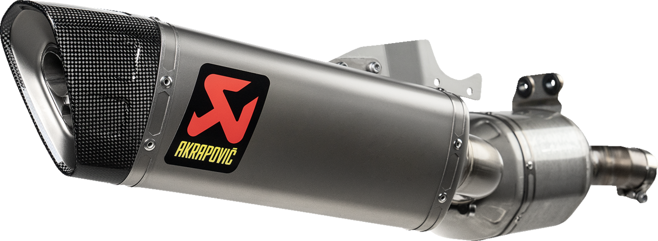 AKRAPOVIC slip-on titanium muffler for BMW F900R and F900XR motorcycles, featuring sleek metallic finish and branding.