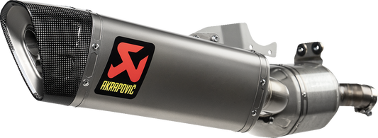 AKRAPOVIC slip-on titanium muffler for BMW F900R and F900XR motorcycles, featuring sleek metallic finish and branding.