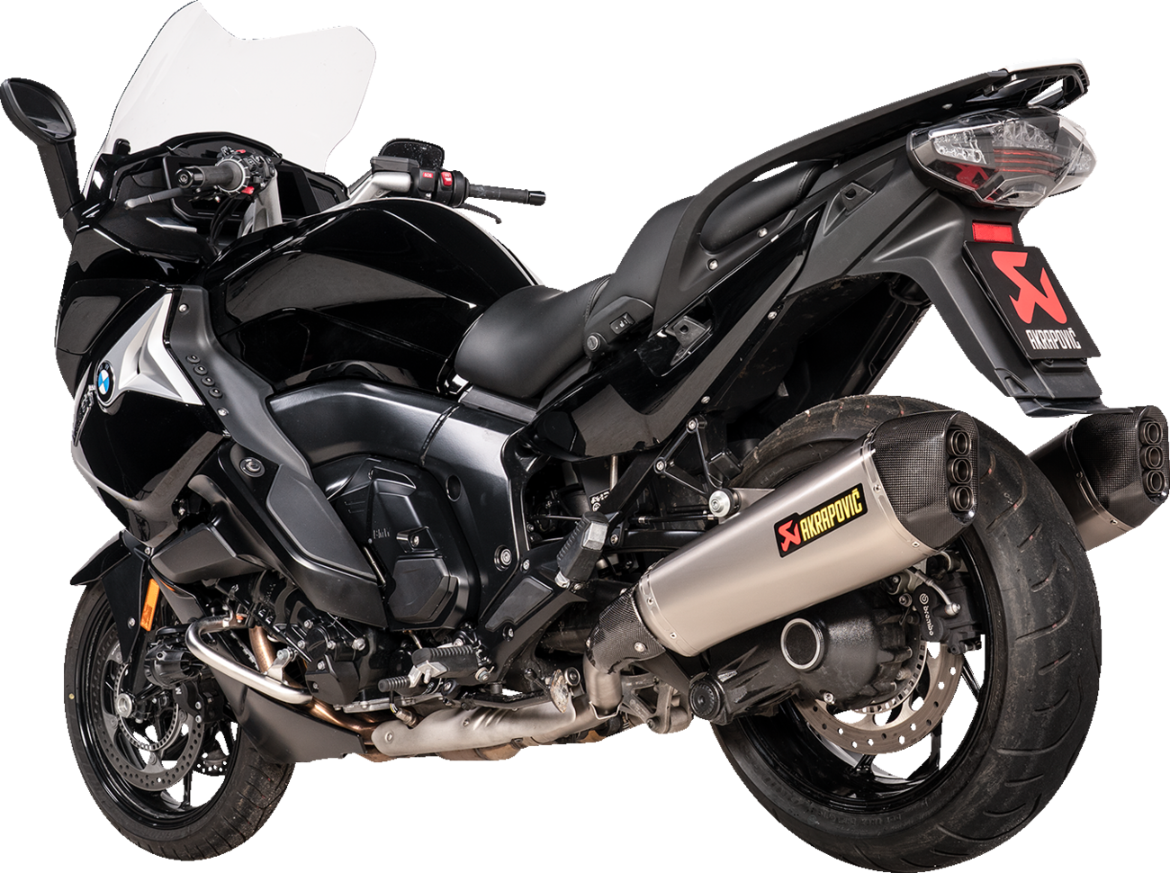 AKRAPOVIC slip-on titanium mufflers for BMW K1600 GT and GTL motorcycles, featuring sleek stainless steel design and branding.