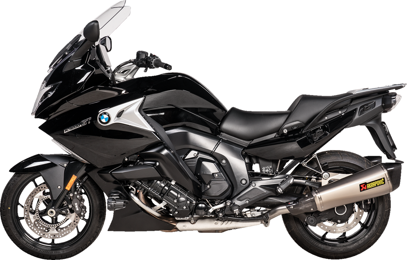 AKRAPOVIC slip-on titanium mufflers for BMW K1600 GT and GTL motorcycle, showcasing sleek exhaust design.