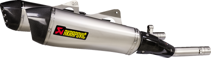 AKRAPOVIC Slip-On Line mufflers in titanium for BMW K1600 GT and GTL motorcycle, showing sleek, polished exhaust tips.