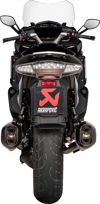 AKRAPOVIC titanium slip-on line mufflers for BMW K1600 GT and GTL motorcycles, showing sleek exhaust tips and branding.