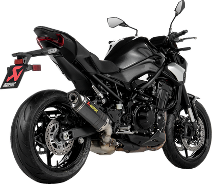Akradovic slip-on line muffler for Kawasaki Z900, made of carbon fiber, designed by AKRAPOVIC, shown on a motorcycle.