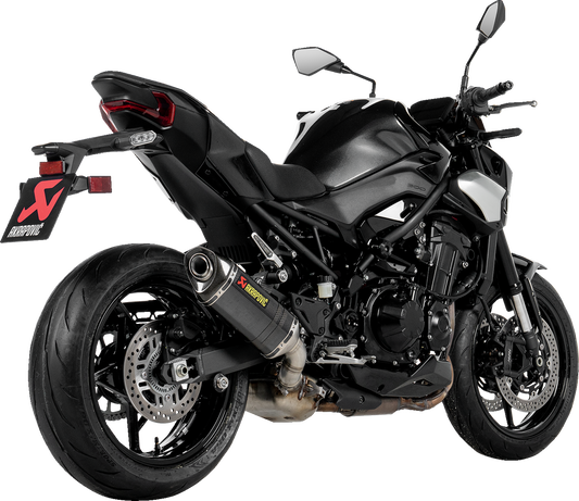 Akradovic slip-on line muffler for Kawasaki Z900, made of carbon fiber, designed by AKRAPOVIC, shown on a motorcycle.