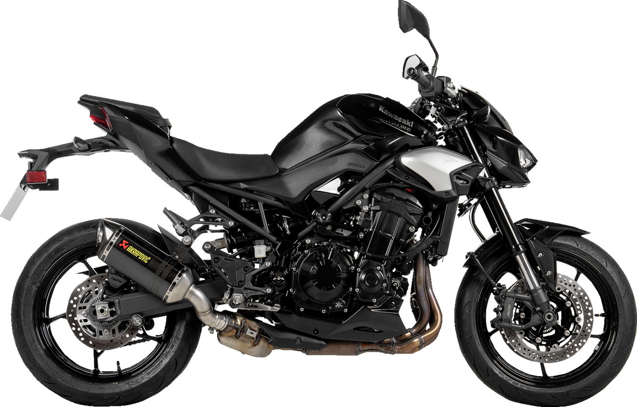 Akradovic slip-on line muffler for Kawasaki Z900 in carbon fiber, designed by AKRAPOVIC, shown on a motorcycle.