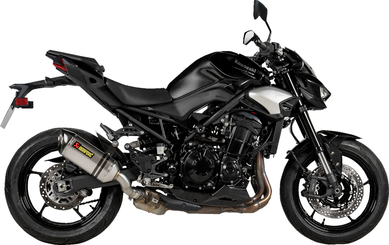 AKRAPOVIC slip-on titanium muffler for Kawasaki Z900 motorcycle, showcasing sleek, lightweight exhaust design.
