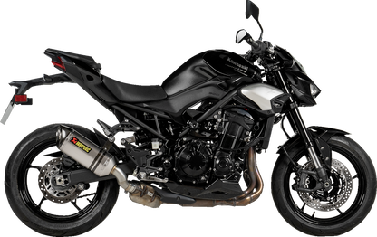 AKRAPOVIC slip-on titanium muffler for Kawasaki Z900 motorcycle, showcasing sleek, lightweight exhaust design.