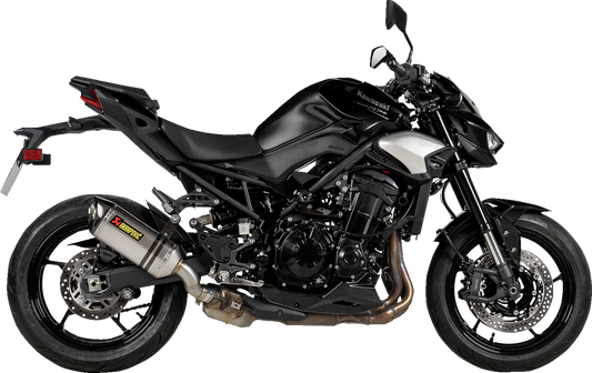 AKRAPOVIC slip-on titanium muffler for Kawasaki Z900 motorcycle, showcasing sleek, lightweight exhaust design.