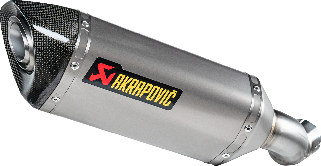 AKRAPOVIC titanium slip-on muffler for Kawasaki Z900 motorcycle, showcasing sleek titanium finish and exhaust design.