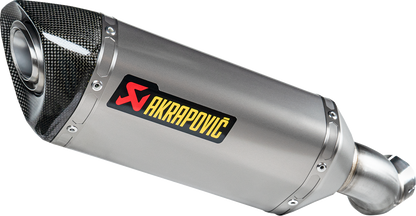AKRAPOVIC titanium slip-on muffler for Kawasaki Z900 motorcycle, showcasing sleek titanium finish and exhaust design.
