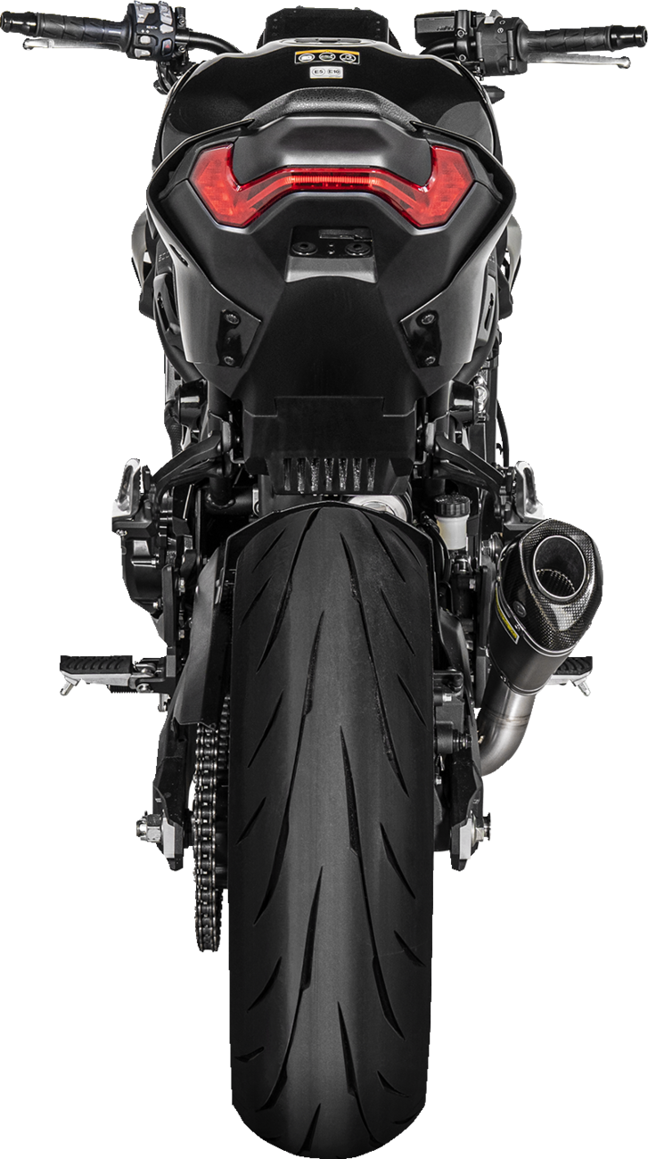 AKRAPOVIC Titanium Slip-On Line Muffler for Kawasaki Z900 race exhaust, featuring sleek titanium finish and sporty design.