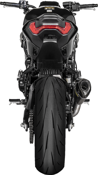 AKRAPOVIC Titanium Slip-On Line Muffler for Kawasaki Z900 race exhaust, featuring sleek titanium finish and sporty design.