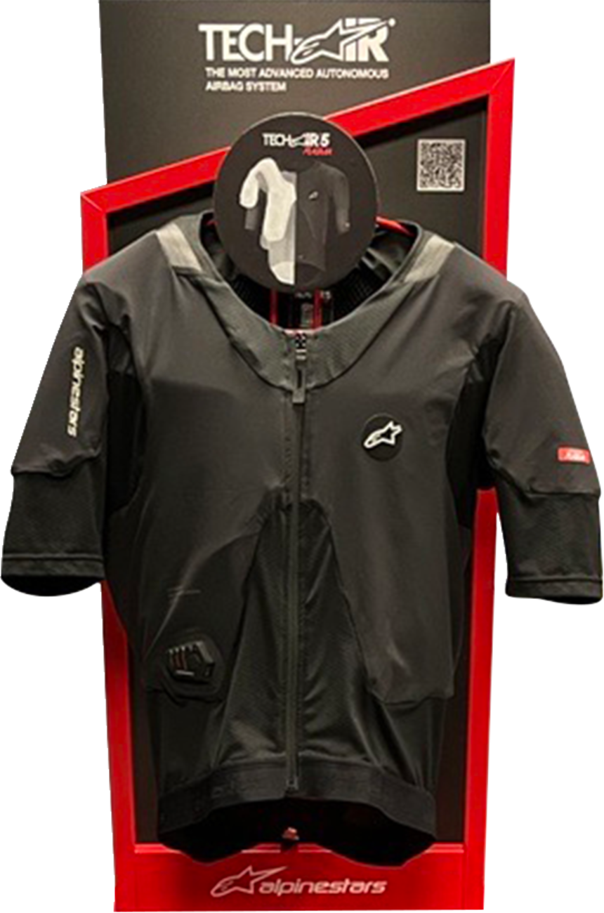 Alpinestars Tech-Air display wall mount for motorcycle airbag system, shown on a white background with mounting hardware.