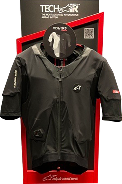 Alpinestars Tech-Air display wall mount for motorcycle airbag system, shown on a white background with mounting hardware.