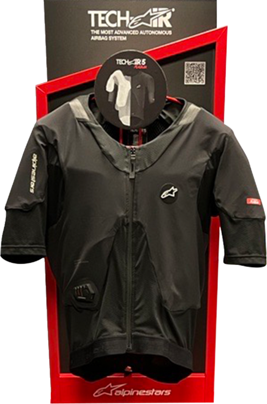 Alpinestars Tech-Air display wall mount for motorcycle airbag system, shown on a white background with mounting hardware.