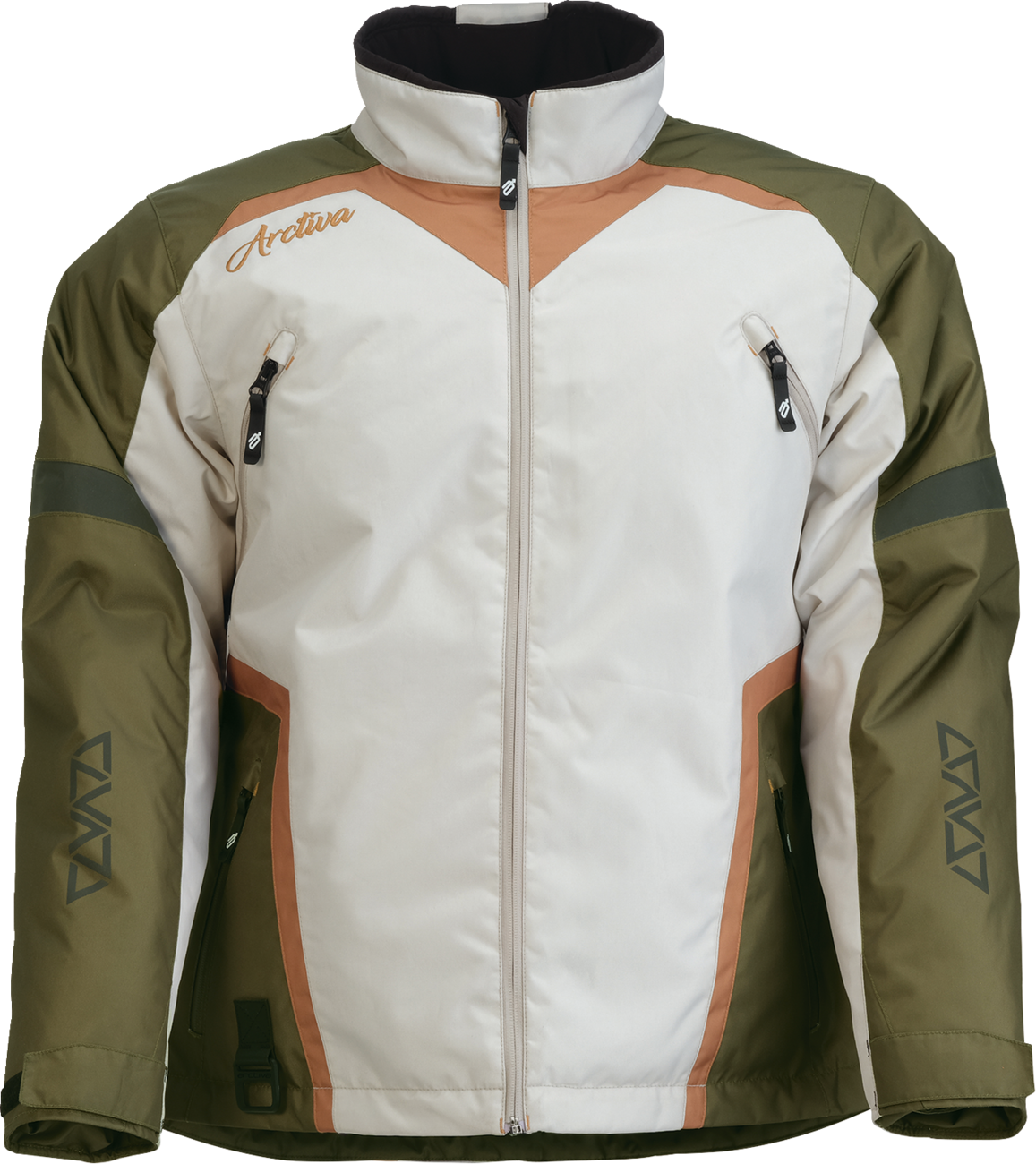 ARCTIVA Women's Pivot 8 insulated waterproof jacket in green and tan, showing front view with hood and zipper details.