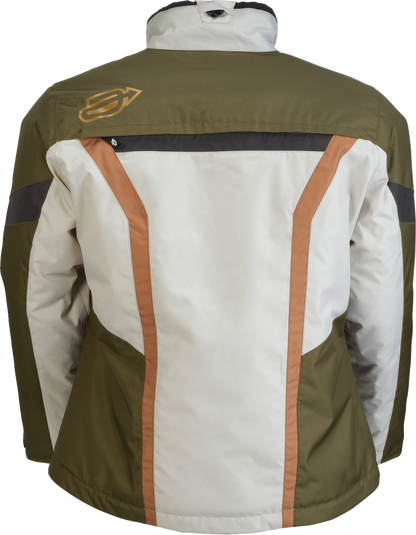 ARCTIVA Women's Pivot 8 insulated jacket in green and tan, lightweight winter outerwear with hood and full zip closure.