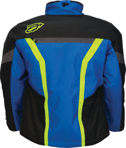 ARCTIVA Women's Pivot 8 insulated jacket in blue and hi-viz with hood and front zipper, designed for cold weather outdoor activities.