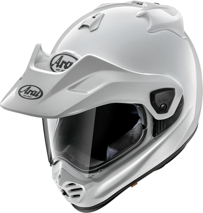 White Arai XD-5 motorcycle helmet with XS size, featuring aerodynamic design and secure chin strap.