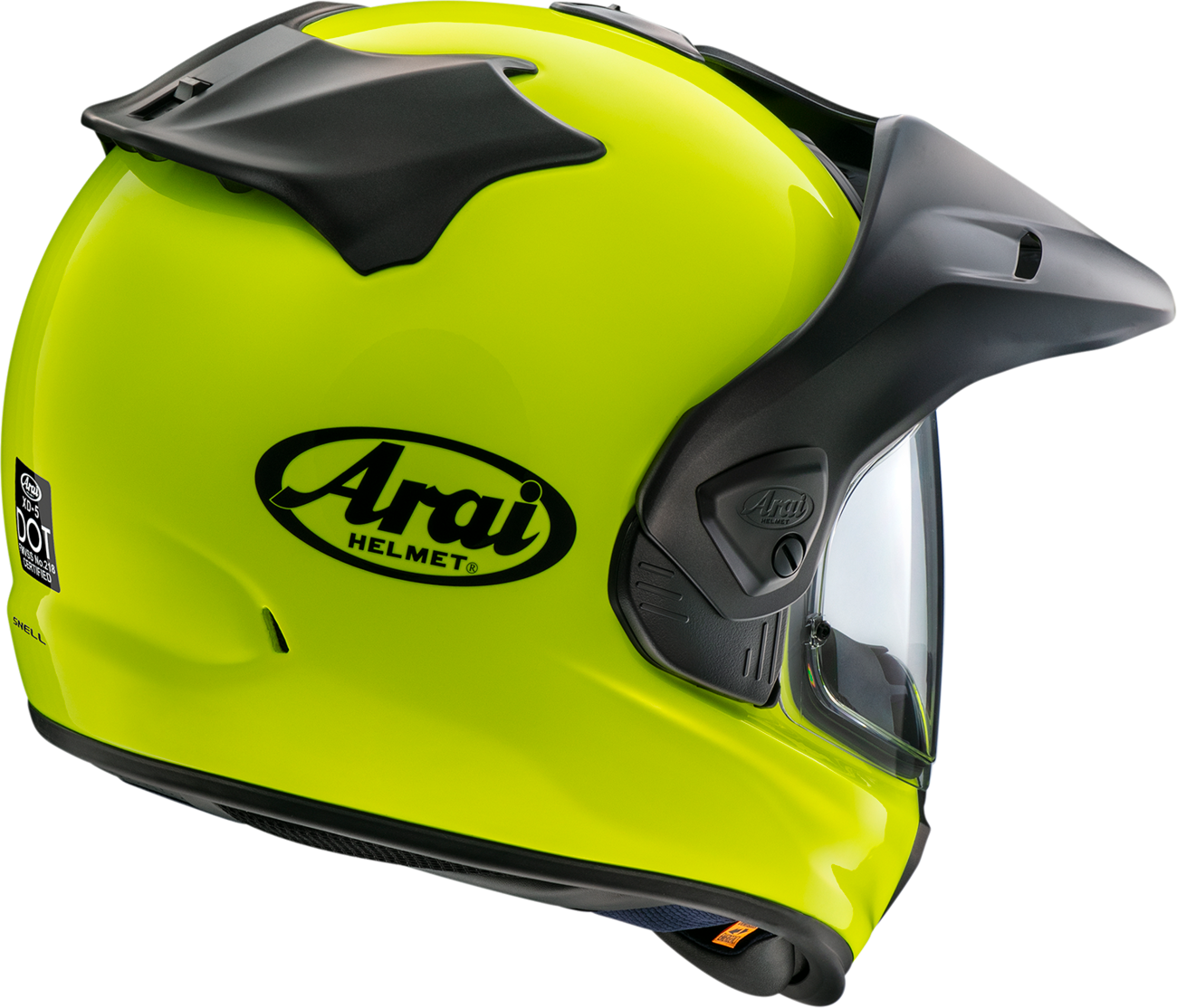 ARAÏ HELMETS XD-5 helmet in fluorescent yellow, large size with aerodynamic design and secure chin strap, front view.