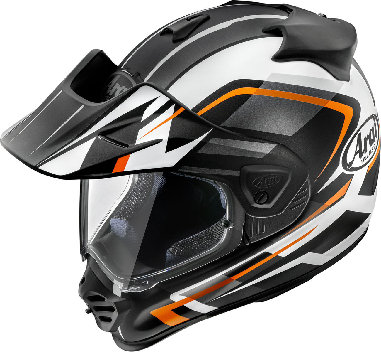 Orange frost ARAI XD-5 Discovery motorcycle helmet in medium size with sleek design and secure chin strap.