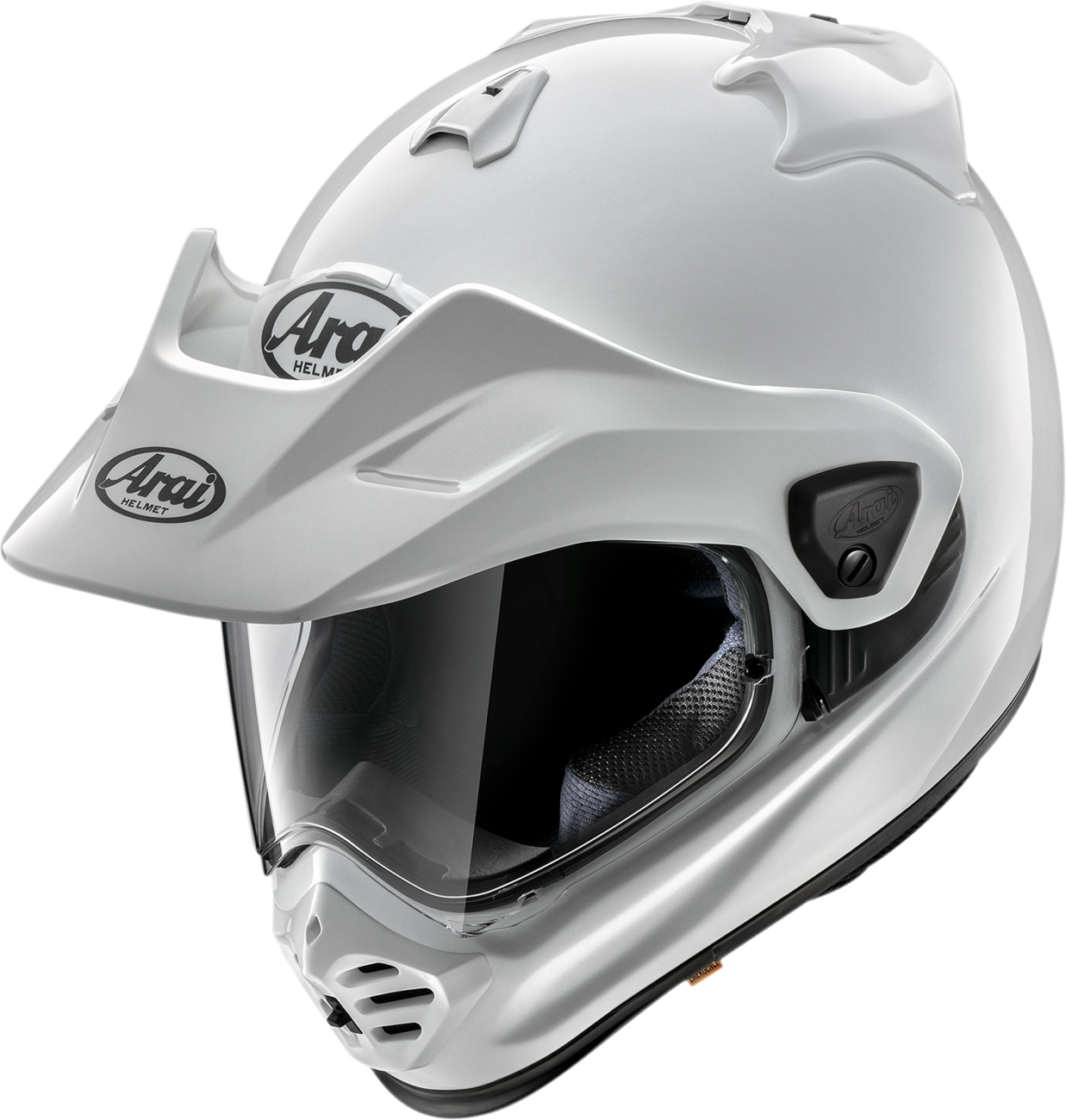 Arai XD-5 helmet in white with VAS-A shield system and advanced ventilation features, shown from side view.