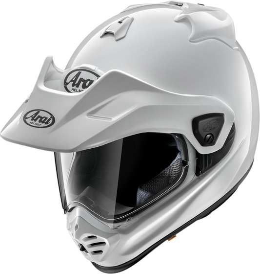 Arai XD-5 large motorcycle helmet in white with Max-Vision shield and VAS-A system, featuring a sleek aerodynamic design.