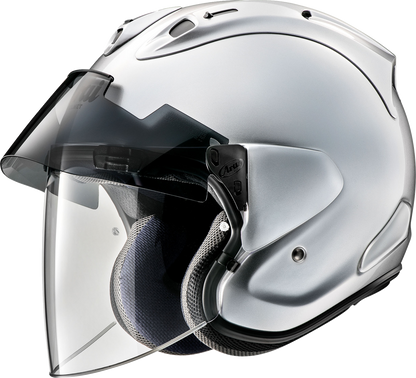 Arai Ram-X helmet in aluminum silver, medium size, with a sleek design and secure fit for motorcycle safety and comfort.