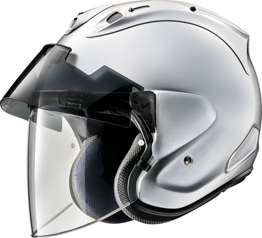 Arai Ram-X helmet in aluminum silver, medium size, with a sleek design and secure fit for motorcycle safety and comfort.