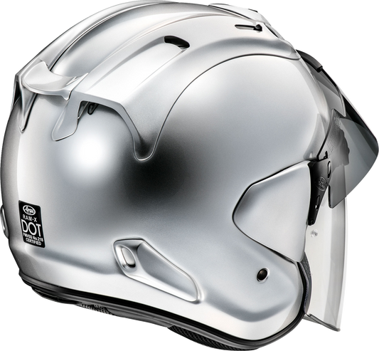 Arai Ram-X helmet in aluminum silver with a sleek design, medium size, featuring safety and comfort elements.