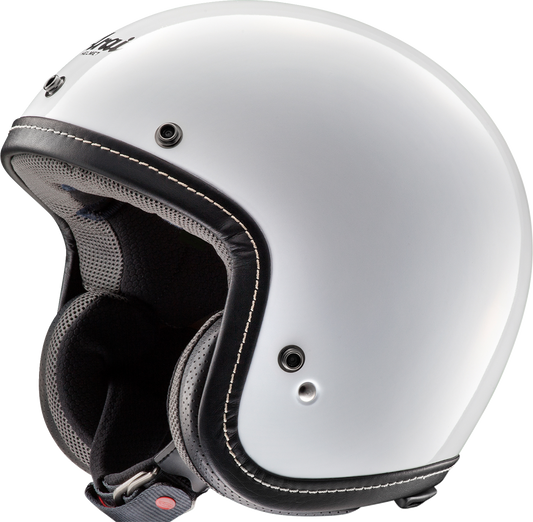 Arai Helmets Classic-V helmet in white, XL size, featuring a sleek design and smooth finish, with secure strap visible.