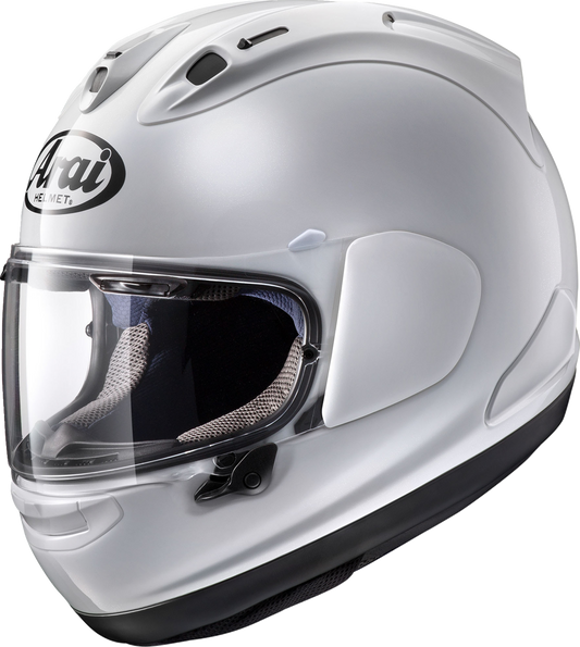 White ARAI HELMETS Corsair-X motorcycle helmet in XL size, featuring aerodynamic design and safety features.