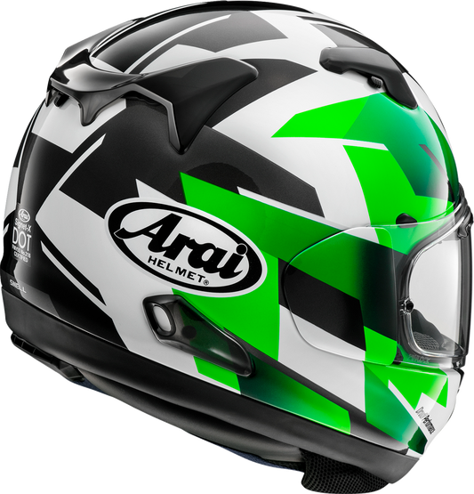 Arai Signet-X motorcycle helmet with Italy flag design in medium size, featuring sleek black and colorful Italy flag graphics.