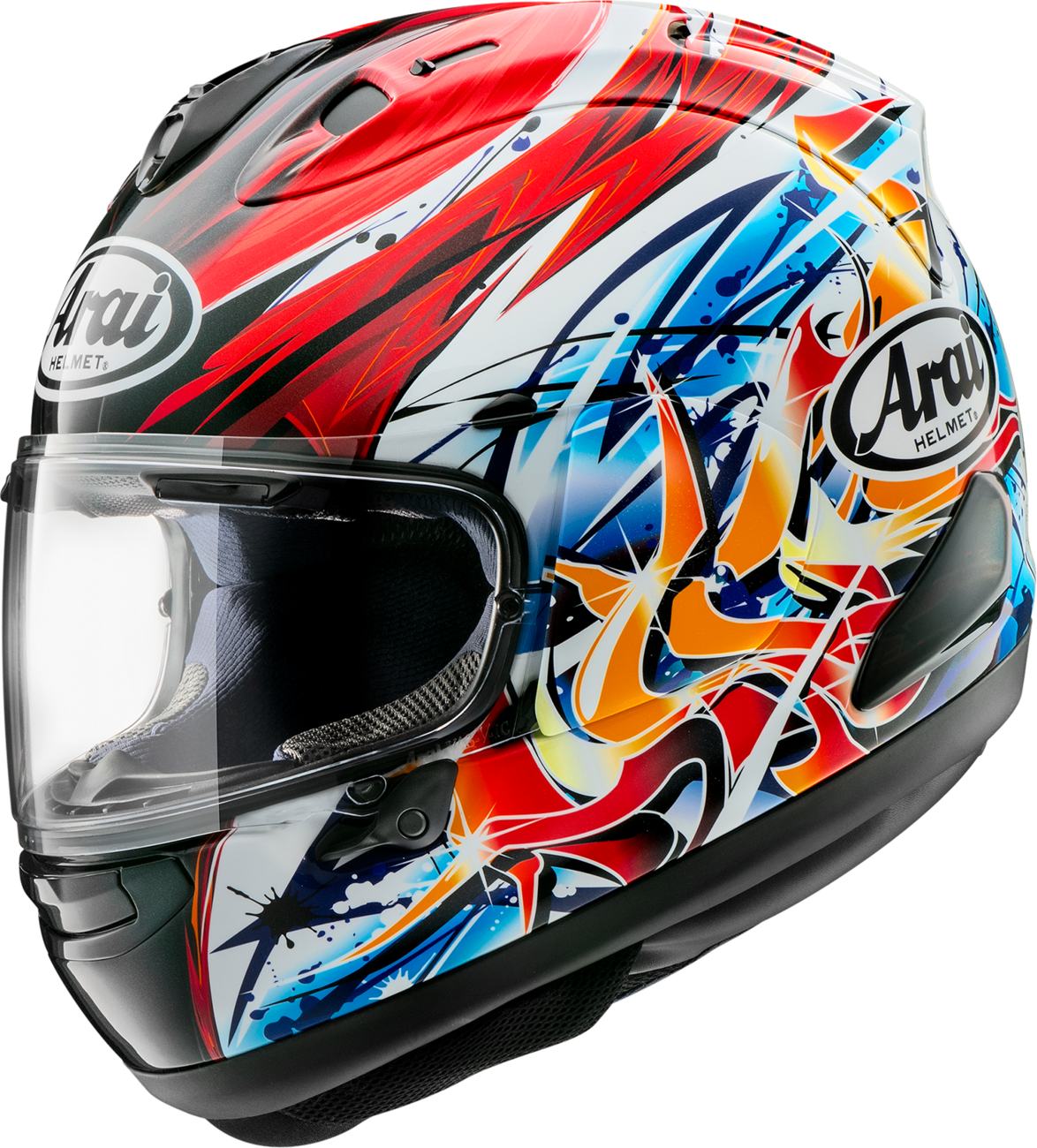 Arai Corsair-X Tetsuta helmet in medium size with detailed graphics, featuring aerodynamic design and ventilation vents.