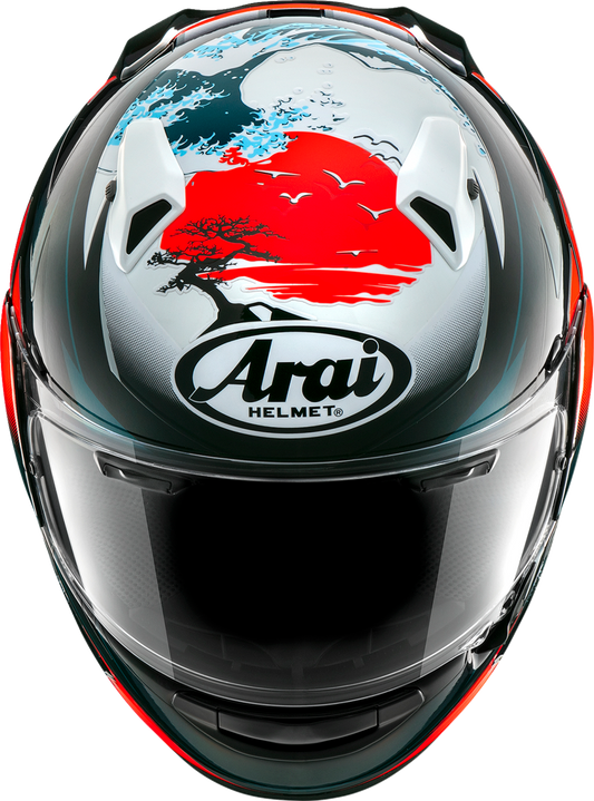 Arai Quantum-X Wave helmet in medium size with a sleek, aerodynamic design and clear visor, suitable for motorcycle riding.