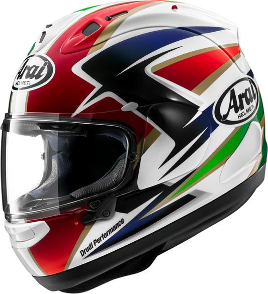 Arai Corsair-X Cadalora Restyle XS motorcycle helmet with white and blue graphics, front view showing visor and aerodynamic design.