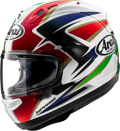 Arai Corsair-X Cadalora Restyle motorcycle helmet in XL with aerodynamic design and vibrant graphics, featuring a clear visor.