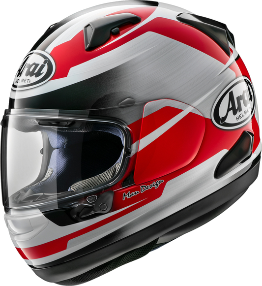 Red ARAI HELMETS Quantum-X Steel helmet with VAS-MV shield, medium size, showing the helmet's sleek design and vibrant color.