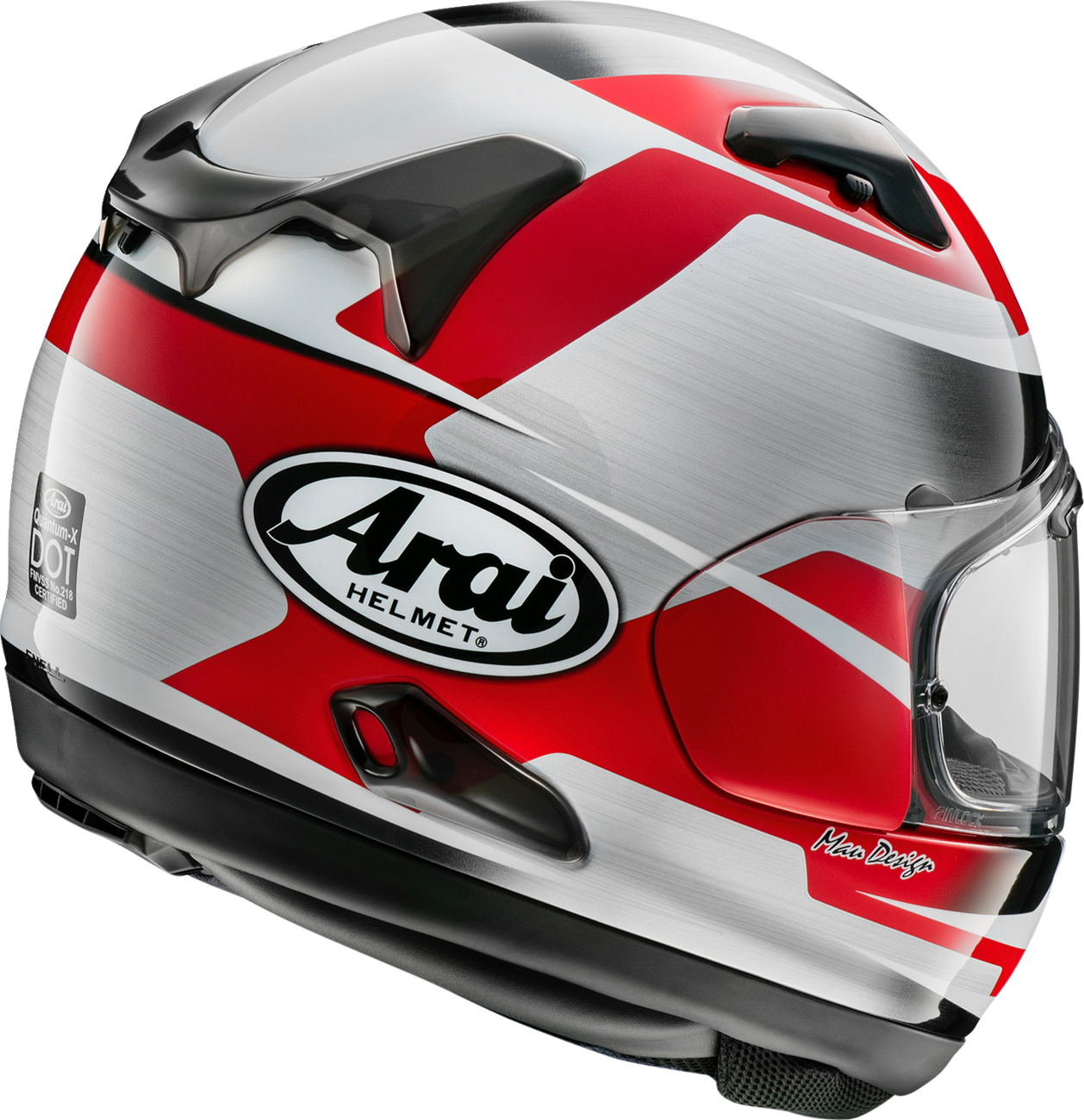 Arai Helmets Quantum-X Steel helmet in red, large size, featuring a sleek aerodynamic design and clear face shield.