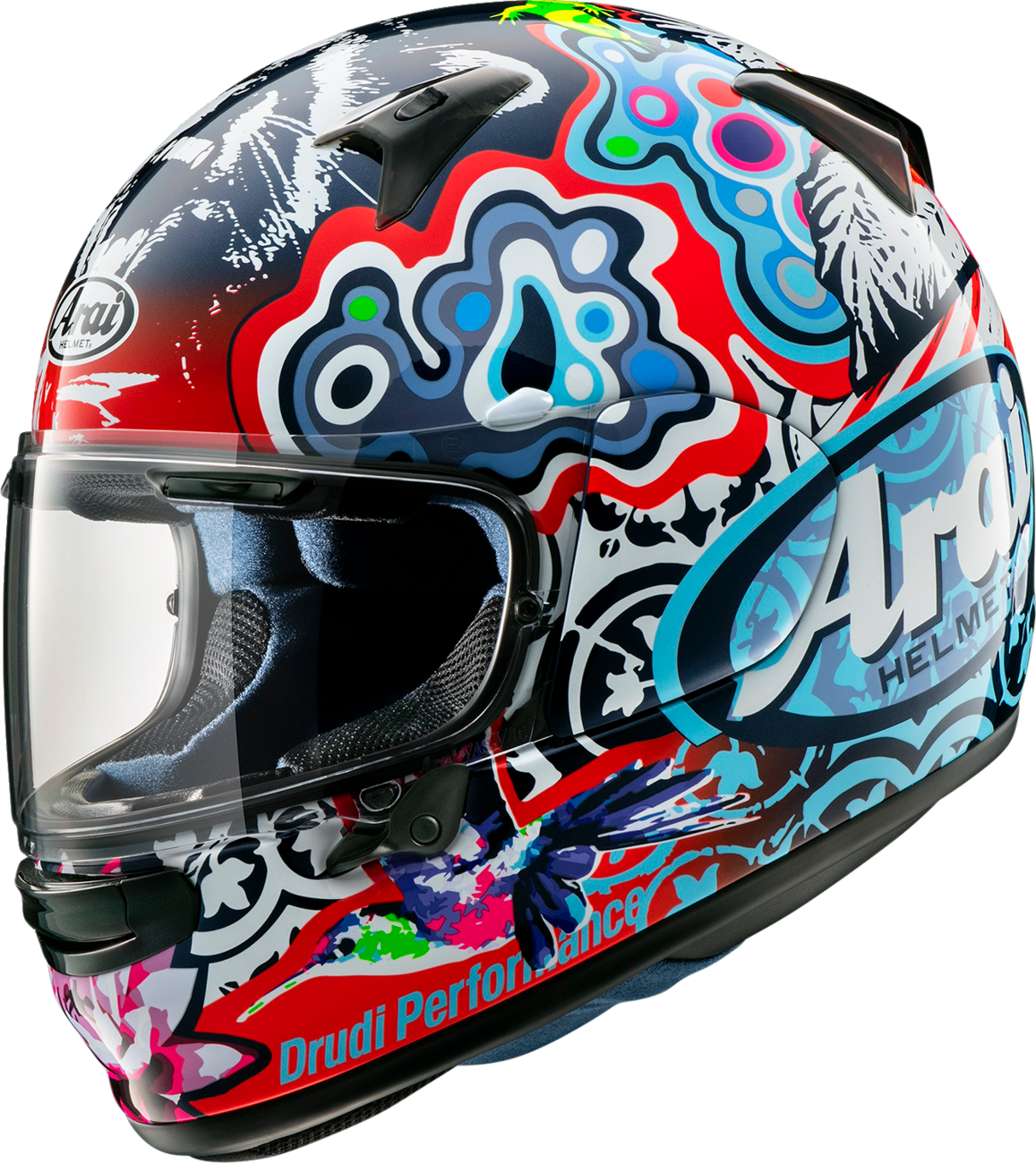 A small ARAI Helmets Regent-X Jungle-2 motorcycle helmet with full face coverage and vibrant jungle-themed design.