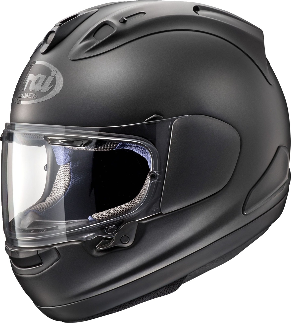 Black Frost Arai Corsair-X motorcycle helmet in XL size, featuring aerodynamic design and advanced safety features.