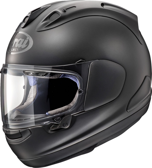 Black Frost Arai Corsair-X motorcycle helmet in XL size, featuring aerodynamic design and advanced safety features.