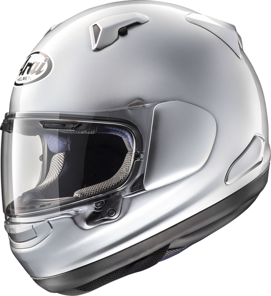 Arai Signet-X silver helmet with VAS shield system, narrow oval fit, 2XL size, featuring sleek aluminum finish and aerodynamic design.